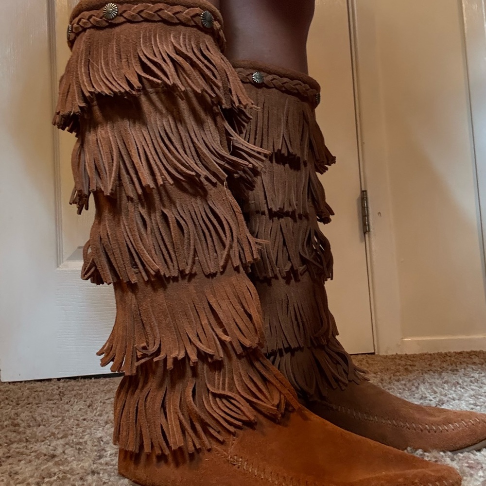Minnetonka Fringe Suede Knee-High Boots - Brown